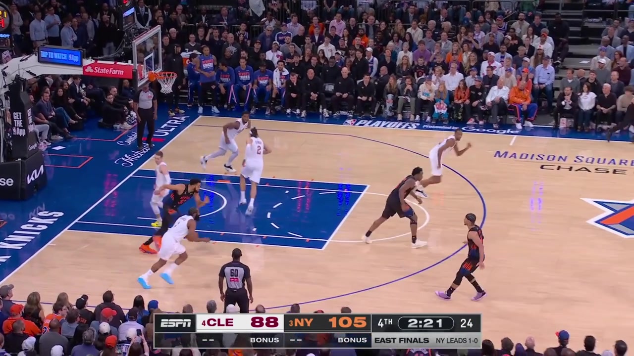 James Harden exploits the fact Josh Hart has 5 fouls easily going past by him and scores the And-1 after a foul by Karl-Anthony Towns cutting the Knicks' lead to 14 with 215 minutes remaining in regulation with a replay