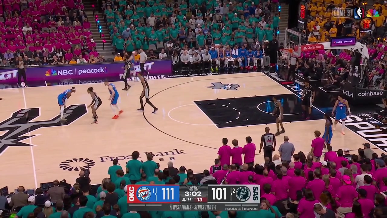 Shai Gilgeous-Alexander gets fouled on the floater attempt and hits the floor with replaysAnd then the NBC broadcast shows replays of SGA hitting the deck on multiple occasions