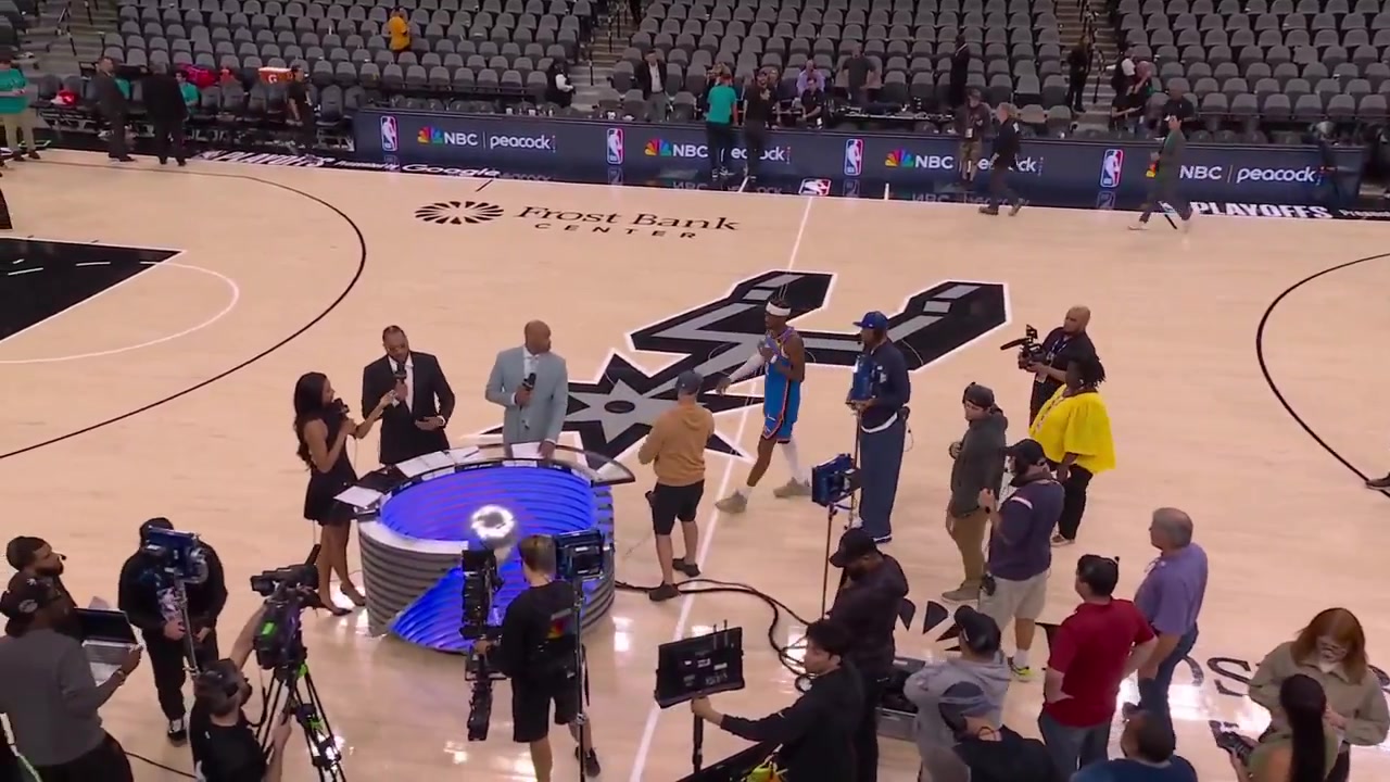Shai Gilgeous-Alexander with a long postgame interview on the court after the Thunder win game 3 and go up 2-1 in the seriesThunder fans who remained in the arena keep cheering for him during the interview