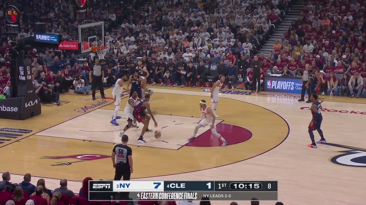 Evan Mobley misses the hook shot Josh Hart grabs the rebound and finds Mikal Bridges for the fastbreak layup with a replayA 9-1 run by the Knicks and Kenny Atkinson takes a timeout with less than 2 minutes into the game