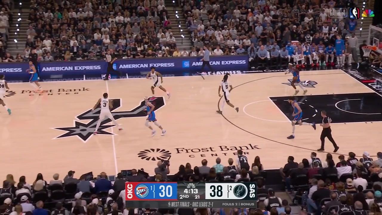 Stephon Castle fouls Shai Gilgeous-Alexander and shortly after the Spurs force a turnover on SGA