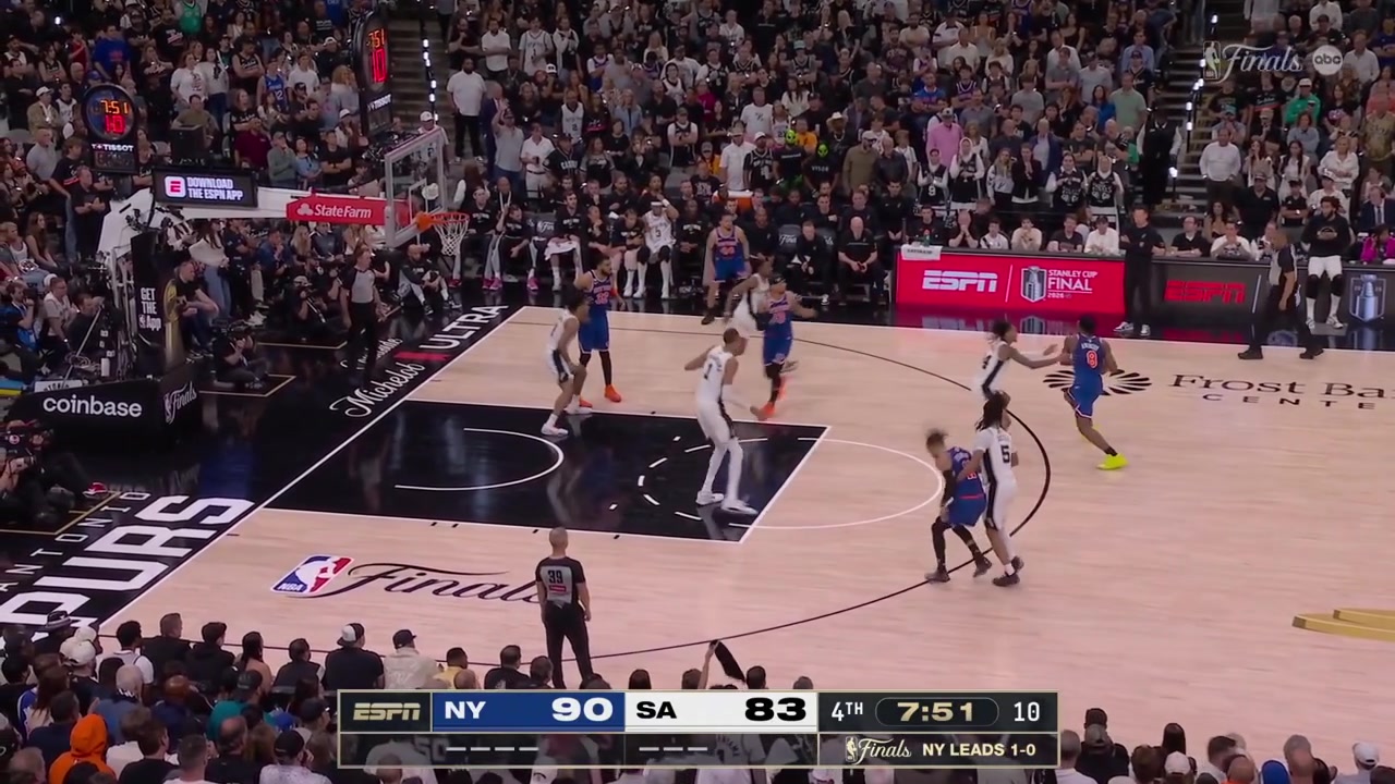 Josh Hart is called for his 5th personal foul with 745 minutes remaining in the 4th quarter after grabbing Victor Wembanyama's hand in mid-air on the rebound attempt with a replay