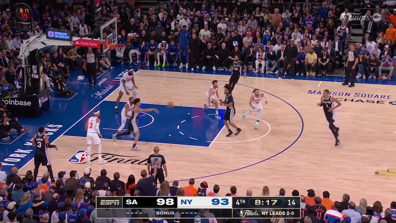 Mikal Bridges grabs Victor Wembanyama by the arm and gets called for the foul as Wemby makes both free throws to give him 26 points with replays