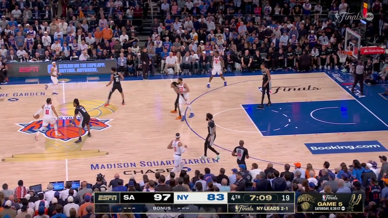 OG Anunoby hits a 3 gets a steal and passes to KAT who scores over Wemby for a 9 pt game