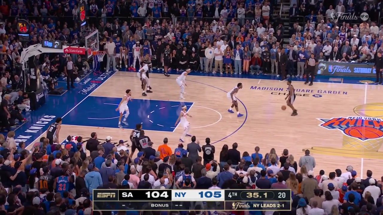 Josh Hart is caught ball watching fouls Stephon Castle who has ice in his veins making both clutch free throws to give the Spurs the lead up by 1up with 303 seconds remaining in regulationKnicks timeout