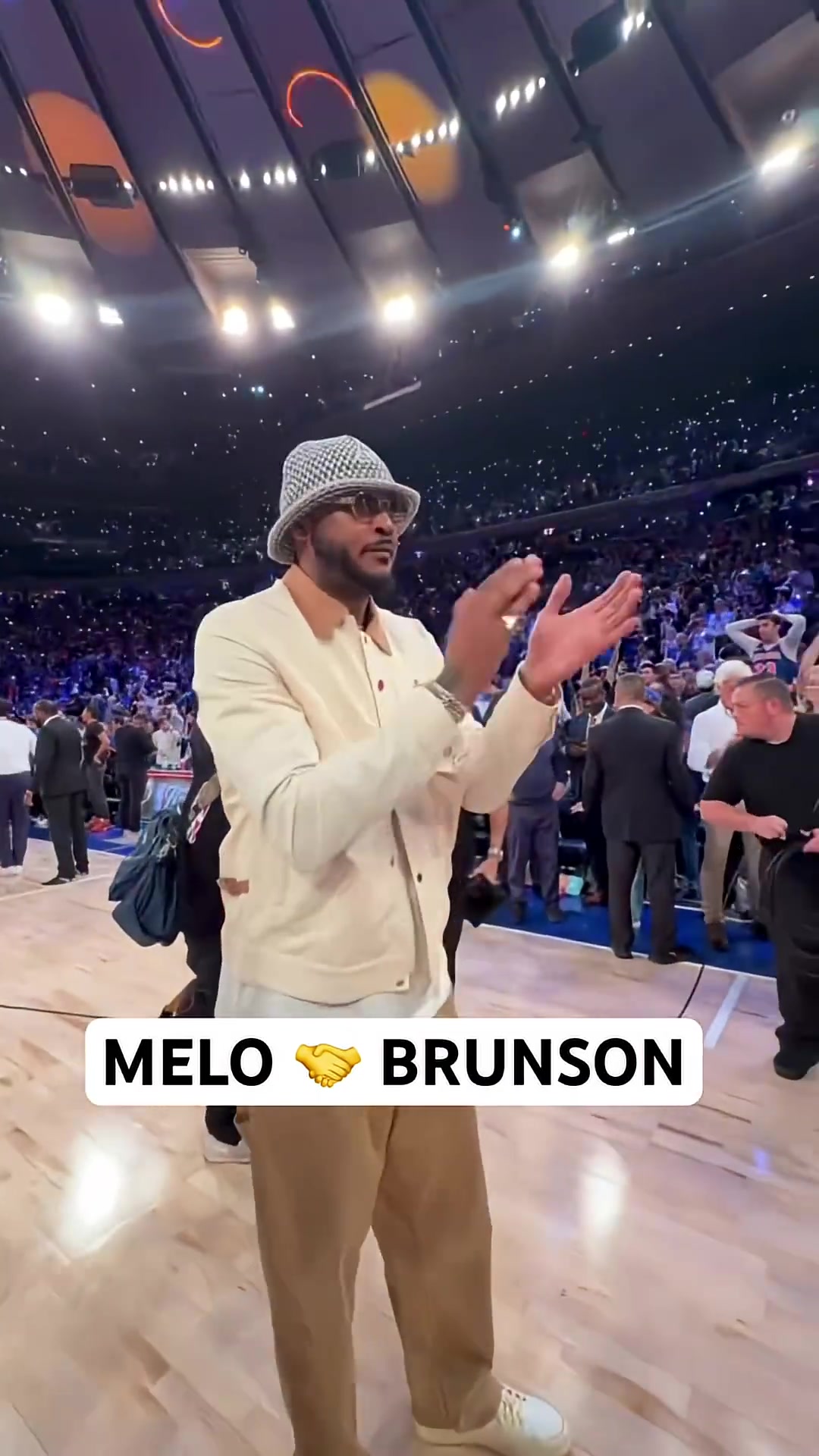Knicks Legend Carmelo Anthony waited to congratulate Jalen Brunson after the Knicks Game 4 win