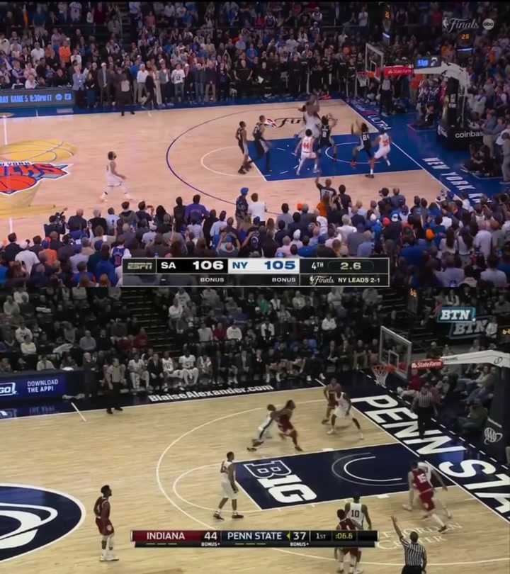 Side-by-side of the best moment and worst moment of Anunoby's career crashing the glass to hit a game winner in the NBA Finals and tearing his ACL in college while crashing the glass