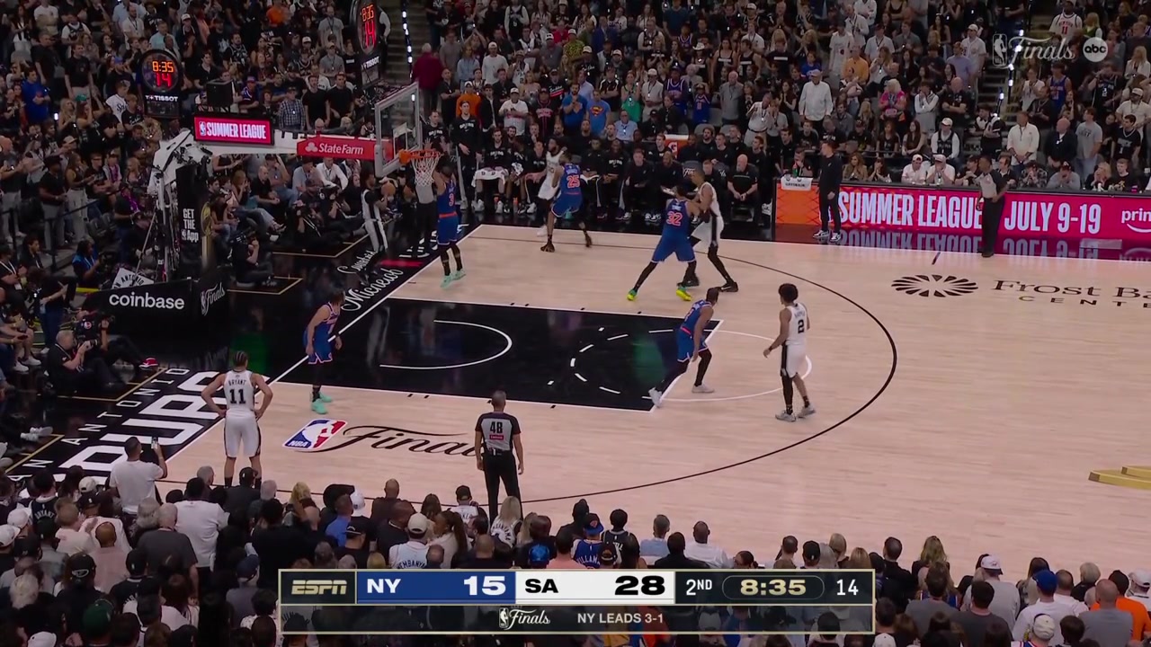 Victor Wembanyama hits a 3-pointer to give him 9 points and then called for his 2nd foulThe Spurs successfully challenge the call and it is overturned to a second foul on Karl-Anthony Towns instead with replaysThe Spurs' mascot shows the UNO card