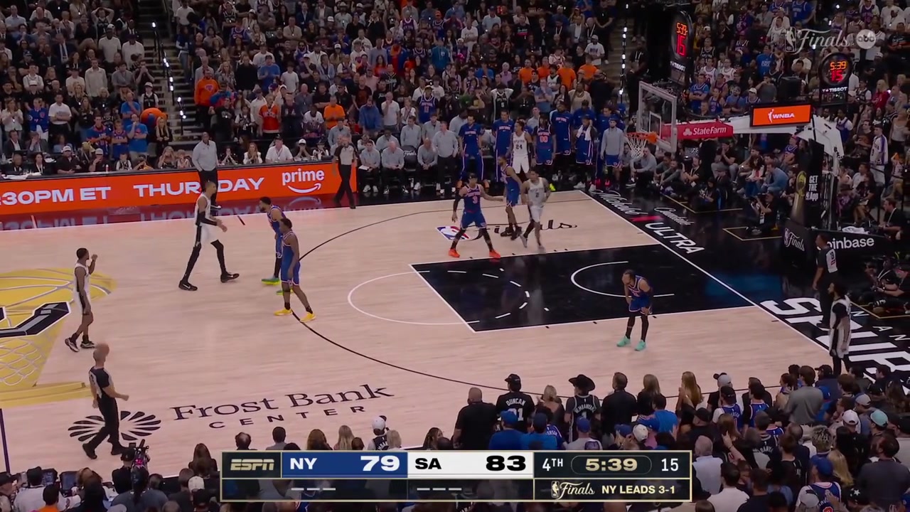 Karl-Anthony Towns pushes Victor Wembanyama on Josh Hart and Wemby is called for the offensive foulThe Spurs successfully challenge the call with replays