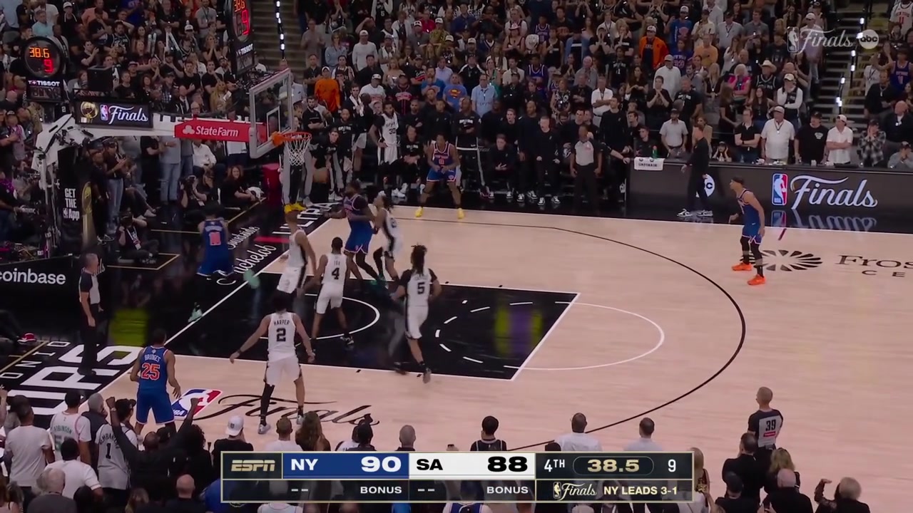 Dylan Harper misses the layup Josh Hart is fouledHe makes the first free throw to put the Knicks up 3 misses the second but Mitchell Robinson with the big offensive reboundOG Anunoby gets fouled and splits the free throws to put the Knicks up 4Spurs timeout