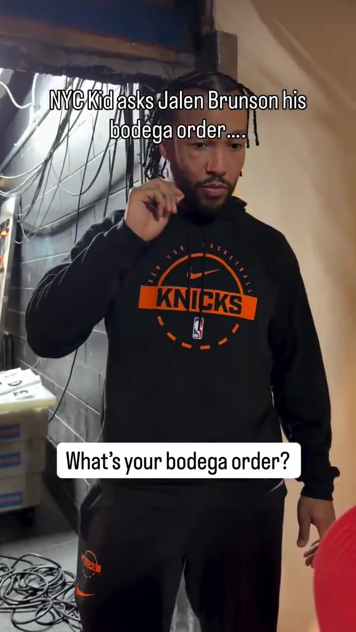 Jalen Brunson gives his Bodega order to a kid from New York Peach Snapple Purple Doritos Everything bagel with egg and cheese hash browns and spicy mayo