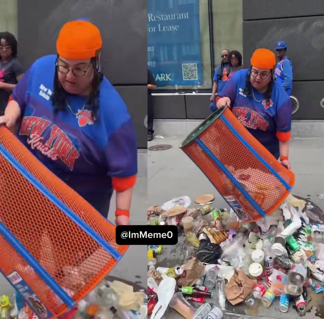 Knicks fan dumped trash from a public garbage can painted in team colors onto the sidewalk stole the trash can