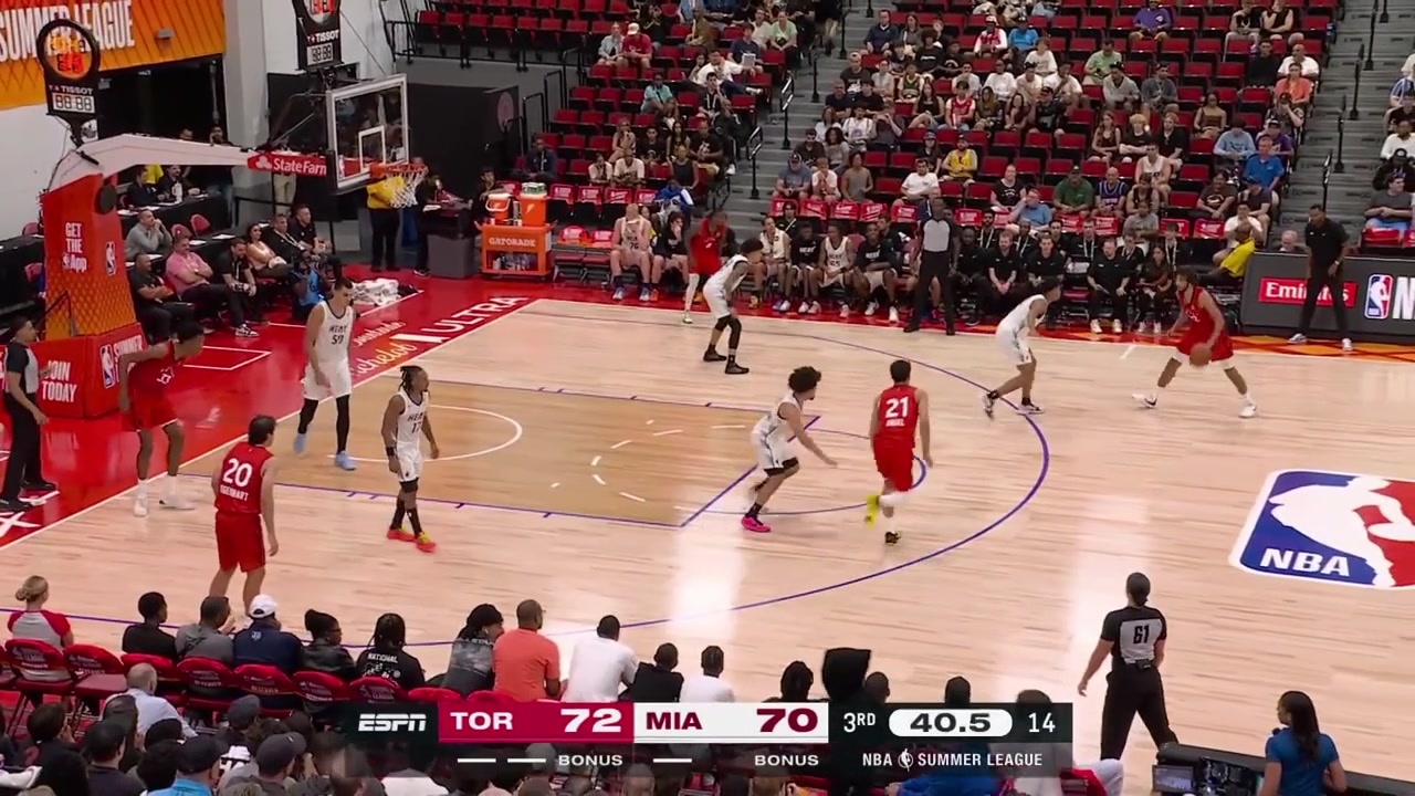 Allen Graves with the behind the back dribble drives slips by Tre Donaldson and finishes from the other side of the rim against Vladislav Goldin with replays