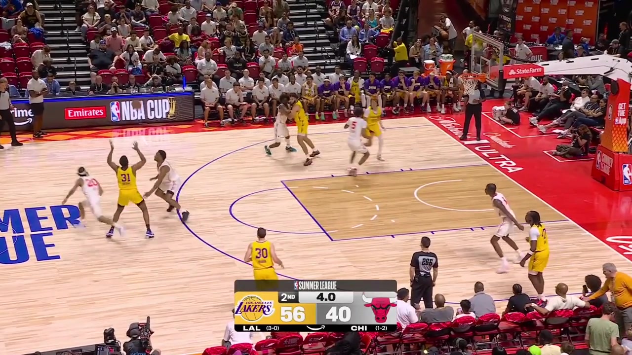 The Chicago Bulls team approached the Lakers team at the end of the 1st half last night as tensions rose a bit Caleb Wilson says to Arthur Kaluma Who are you Both teams were separated as they were going to the locker rooms