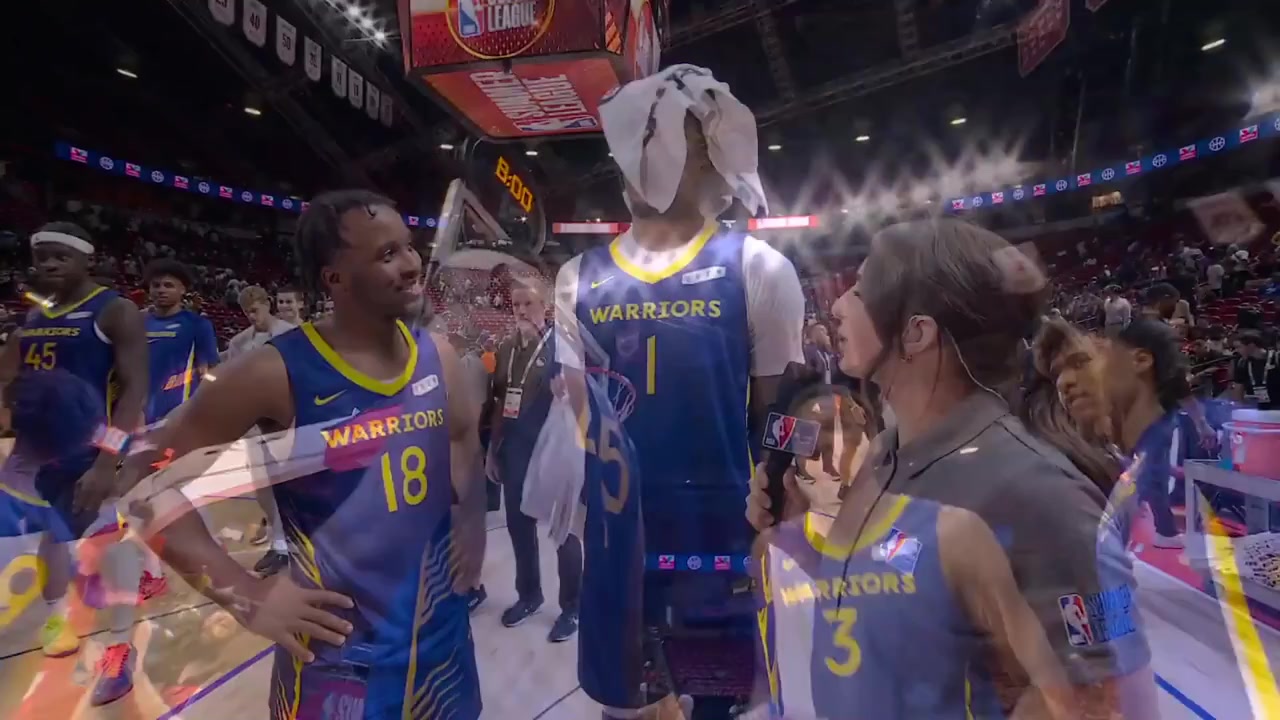 Yaxel Lendeborg LJ Cryer postgame interview on the court after the Warriors defeated the Lakers and will face the Grizzlies for a Summer League championship gameTheir teammates keep adding towels on their heads