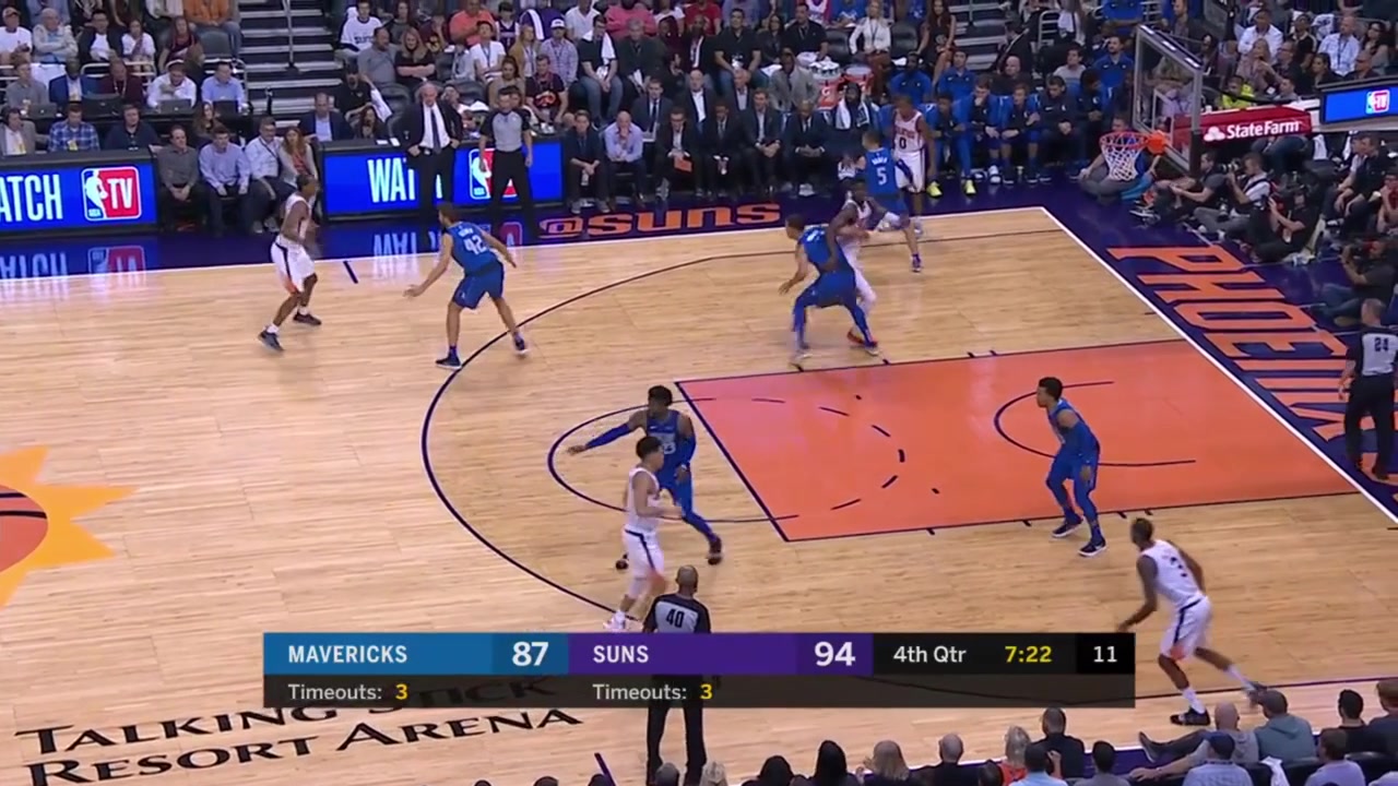 The rookie Jalen Brunson draws the charging foul from TJ Warren and then scores his first-ever NBA bucket with a replay Phoenix Suns vs Dallas Mavericks - 101718