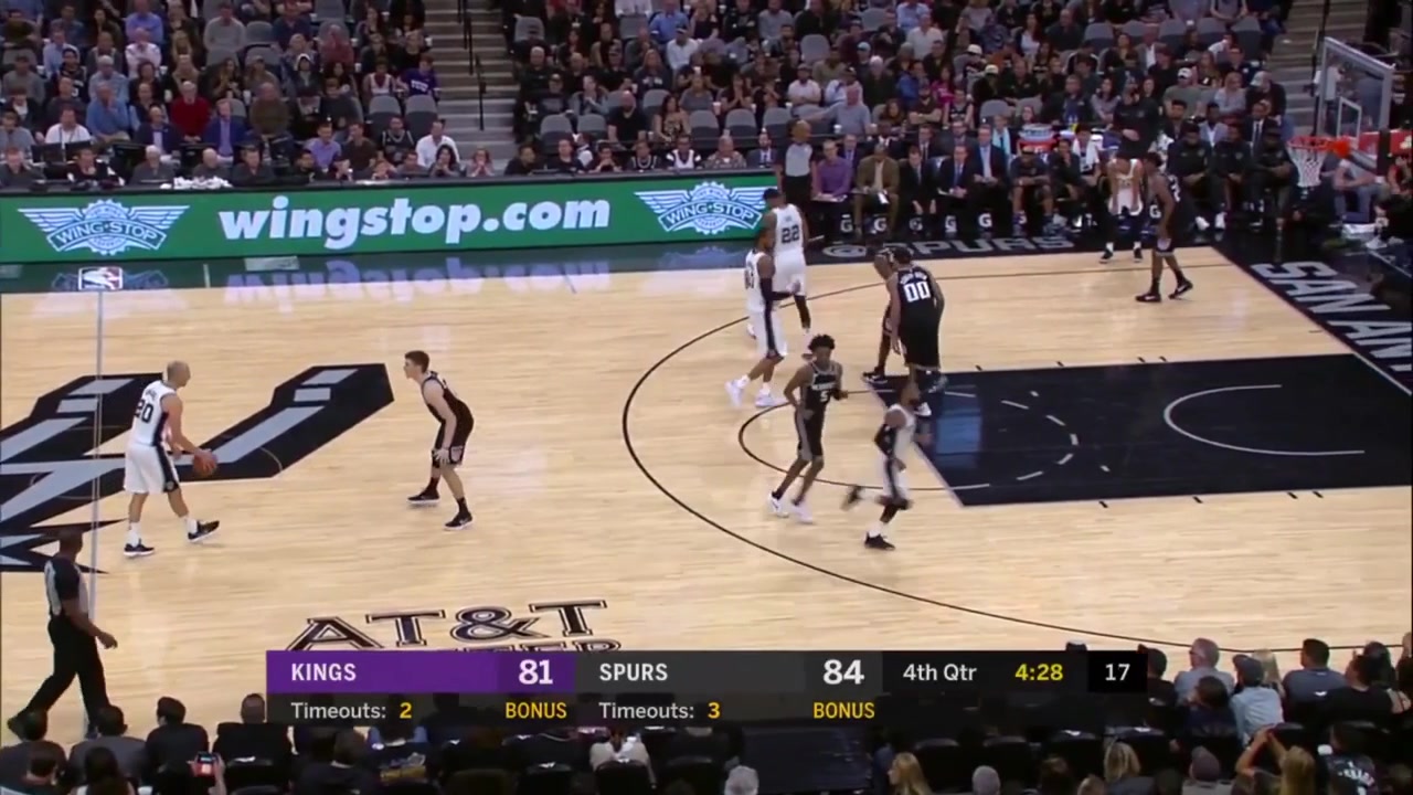 40-year-old Manu Ginobili soars for the powerful one-handed dunk in the clutch and Rudy Gay with the clutch And-1 circus shot shortly after with replaysSpurs and Kings commentary 492018