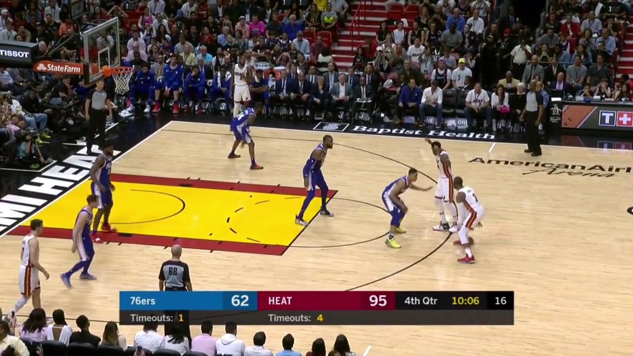 37-year-old Dwyane Wade hits a fadeaway jumper and then back-to-back 3s and then another banked 3-pointer scoring 4 threes in the 4th quarter two of them banked in in his last home game for the Miami Heat and in the NBA April 9th 2019
