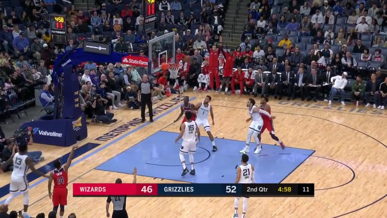 Kyle Anderson with a great no-look lob to rookie Brandon Clarke for the dunk over Bradley Beal with replaysGrizzlies and Wizards commentary 12142019