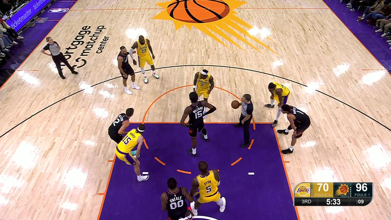 LeBron James scores the floater and the Lakers are slow to get back on defense letting Devin Booker run for the fastbreak layup And-1 as Marcus Smart tries his best to defend