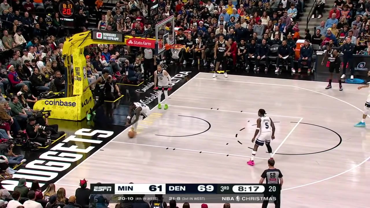 Anthony Edwards drives manages to draw the foul but the Nuggets successfully challenge the foul call as it was a clean block by Tim Hardaway Jr with replays