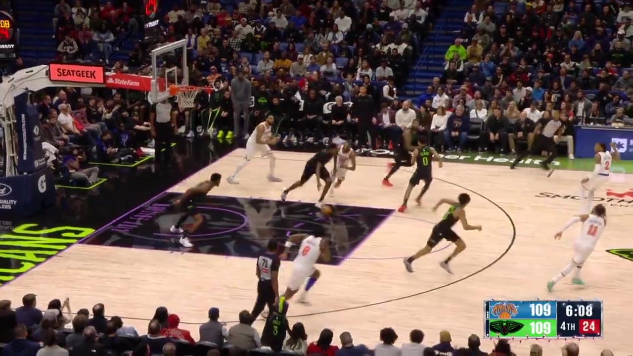 Bridges fumble Derik Queen scoops it up and goes coast-to-coast but his layup misses Yves Missi is there to clean it up with the putback dunk