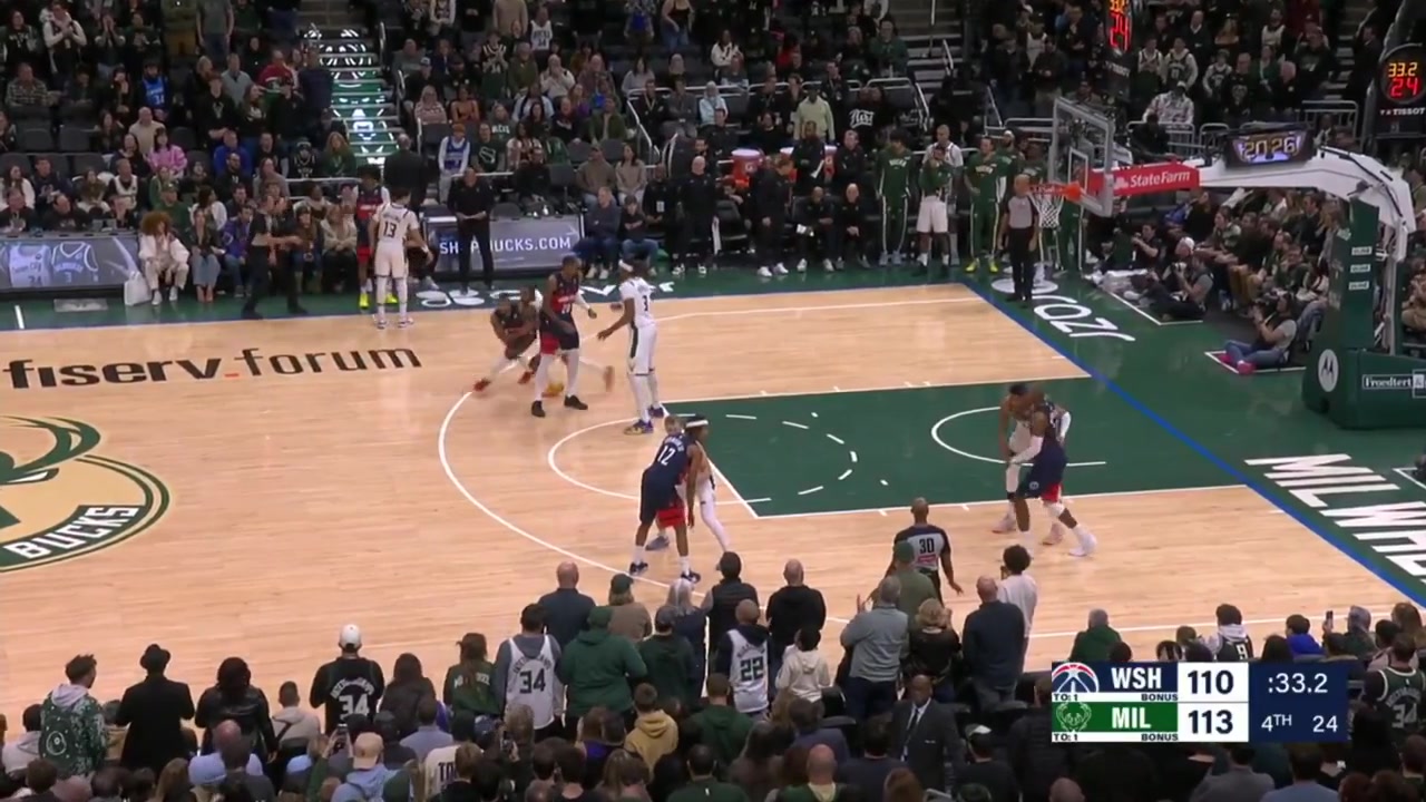CJ McCollum makes the wide open cutting layup off a great pass by Khris MIddleton Alex Sarr blocks Giannis Antetokounmpo and McCollum hits the game-winner jumper as Giannis fails to score the potential winner at the other end with replays