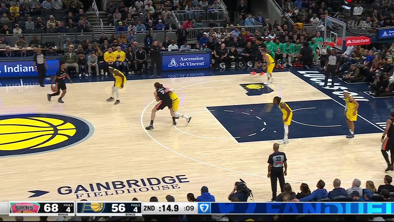 Luka Kornet with the poster dunk And-1 on Aaron Nesmith and the celebration on the floor with replays Spurs and Pacers commentaries