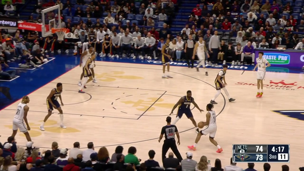 Zion Williamson steals the ball dribbles by two defenders at halfcourt and then finishes with a two-handed dunk over another 2 Nets defenders with replays