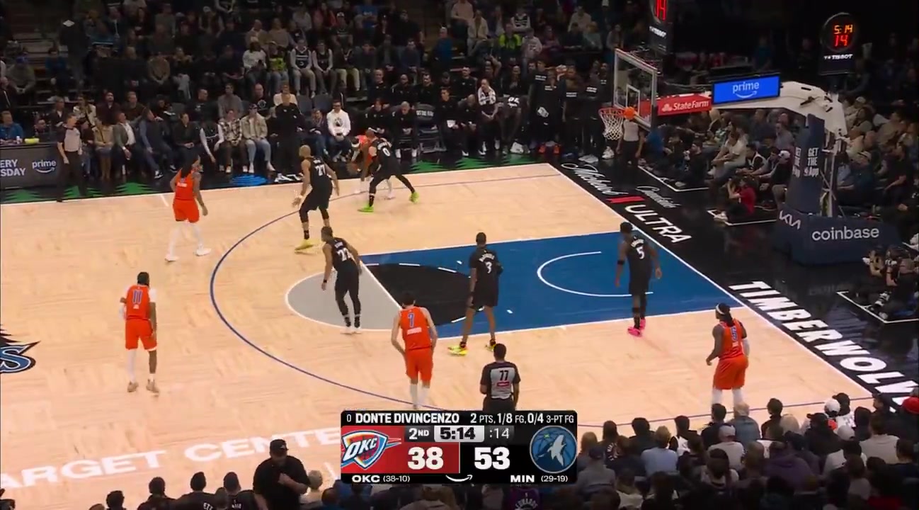 Donte DiVincenzo locks up Shai Gilgeous-Alexander with outstanding on-ball defense to force the turnover sending the Wolves bench into a frenzy