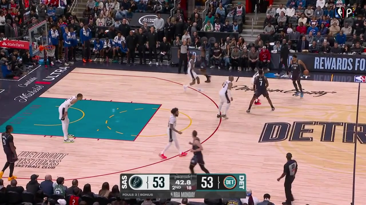 De'Aaron Fox strips Tobias Harris and finds Keldon Johnson for the slam dunk at the other end with replays Paul Reed with a nice fake on Wemby and scores