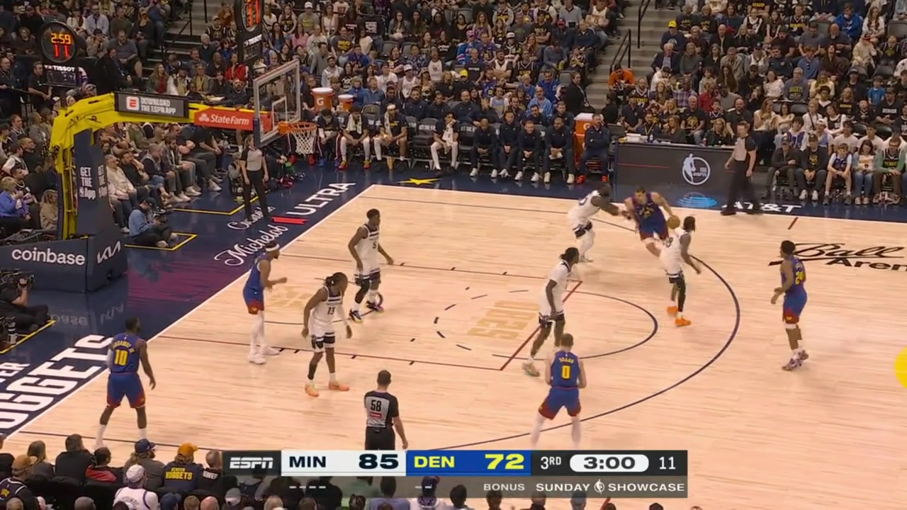 Nikola Jokic turns the ball over not running back to defense the Timberwolves miss and Jokic gets the cherry picking to give him 30 points in the game