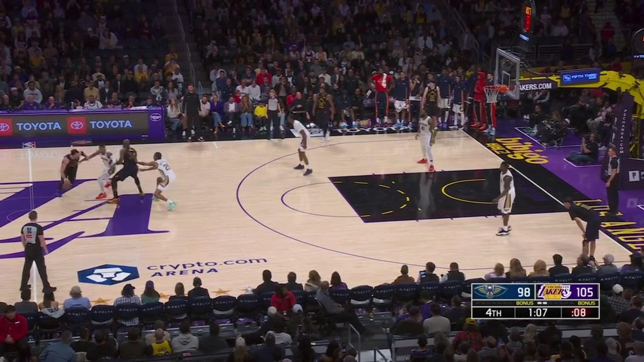 Luka Doncic hits the step back 3 to put the Lakers up 10 with 1 minute remaining in regulation and Dejounte Murray quickly scores the And-1 layup at the other end with replays