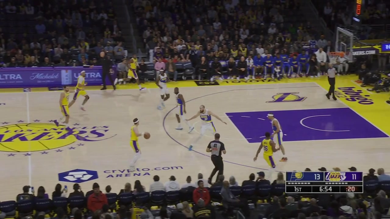 Austin Reaves misses the layup Luka Doncic stops a 2-on-1 transition offense by himself with a steal continues with the behind the back dribble and makes the driving layup over Huff and a lazy defense by the Lakers lead to an easy layup by Siakam Lakers timeout