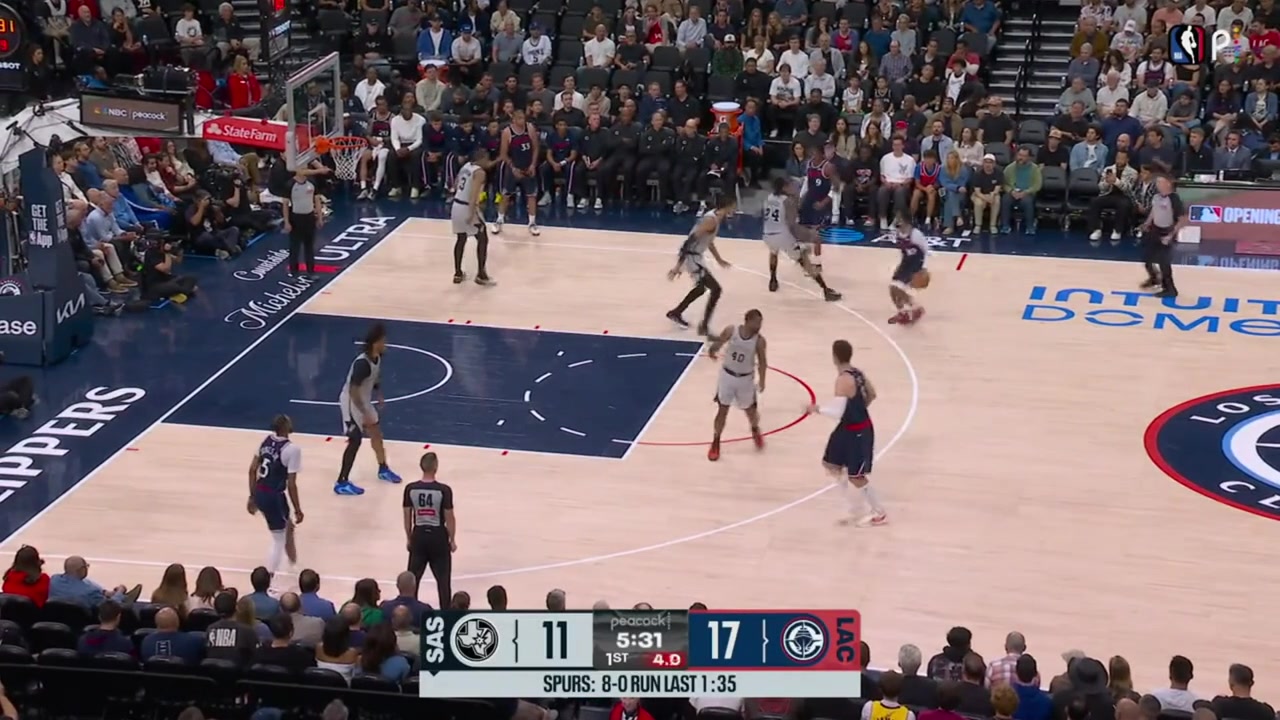 Darius Garland pulls some magic as his logo 3 to beat the shot clock eventually goes in after the ball goes around the rim for 7-8 times with replays NBC Clippers and Spurs commentaries