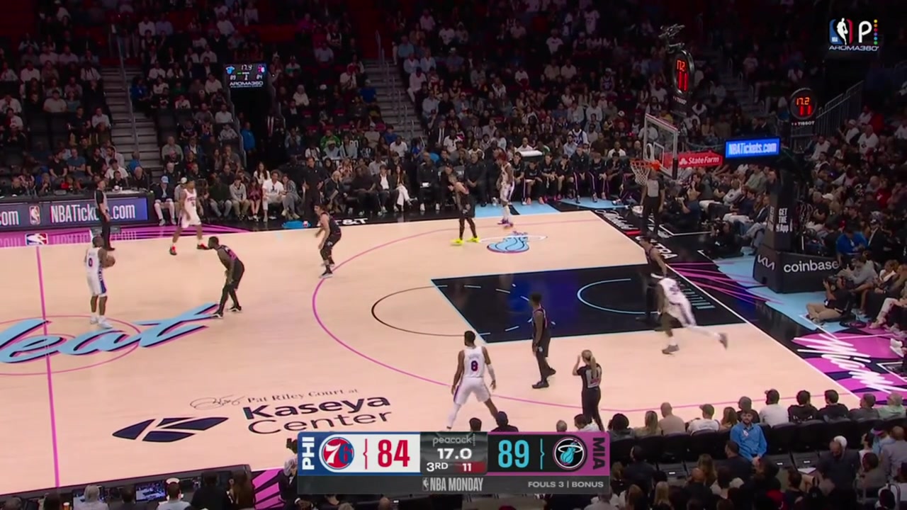 Tyrese Maxey splashes the deep 3 at the end of the 3rd quarter and Adem Bona is called for his 4th personal foul at the other end on Tyler Herro with replays