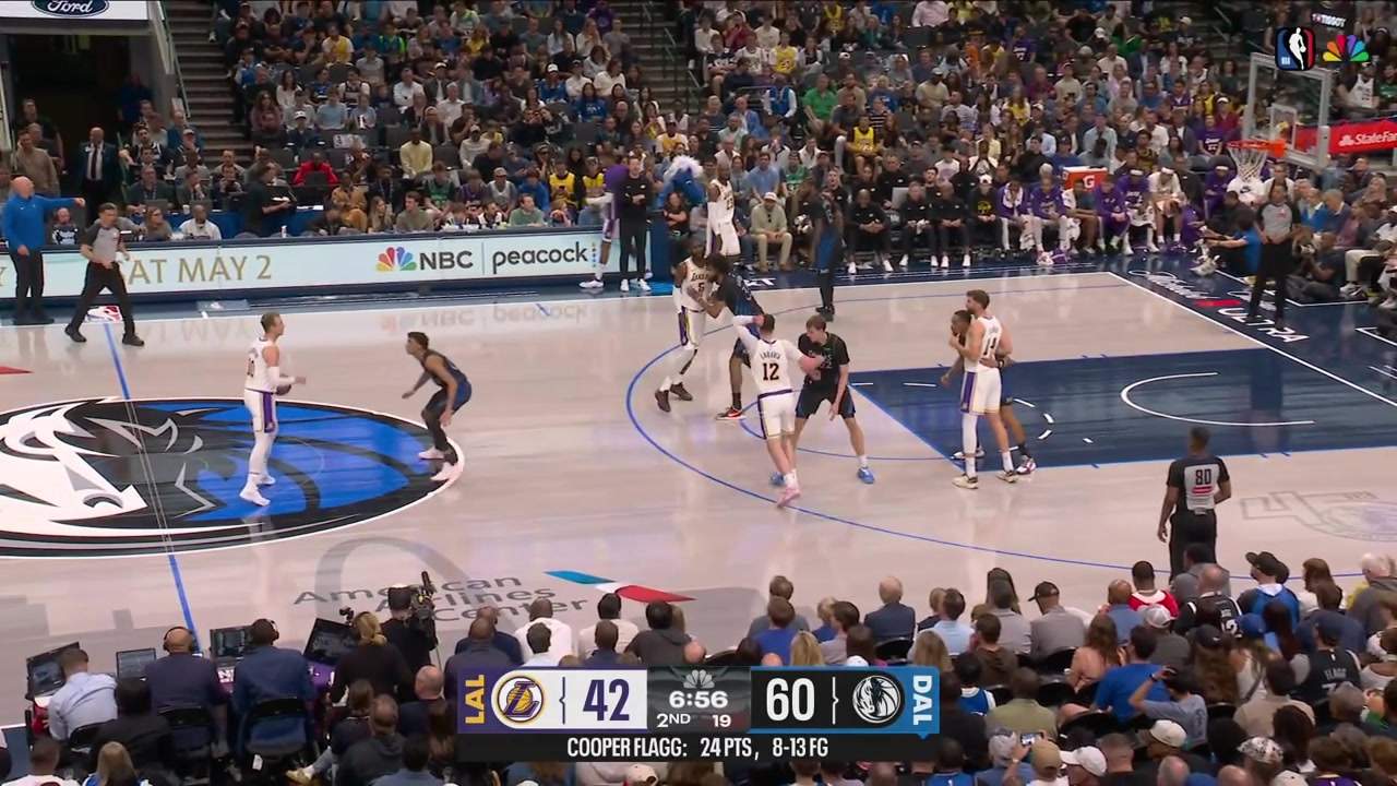 LeBron James goes around Cooper Flagg and dunks it and then he outruns Flagg for the fastbreak dunk with replays