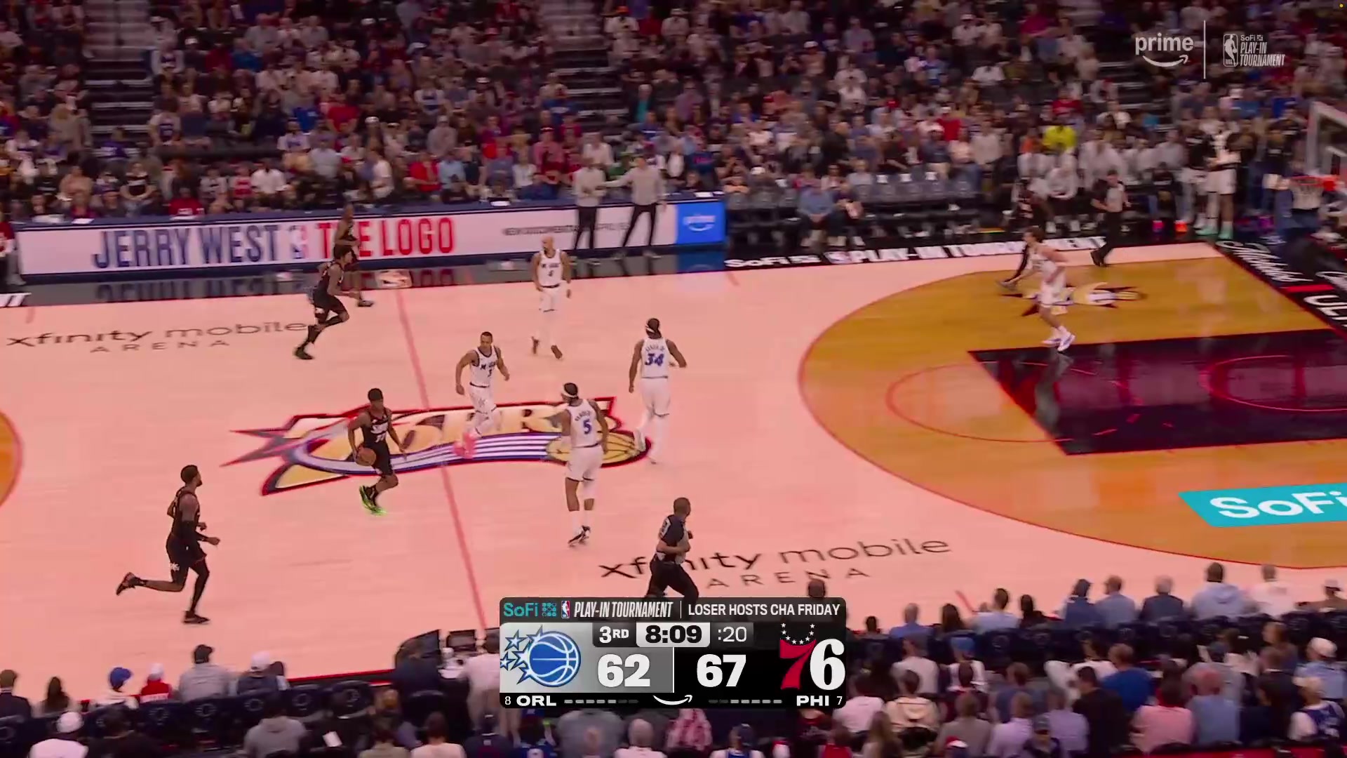 Paul George shoots the tough fade away over Bane and the Magic call time out