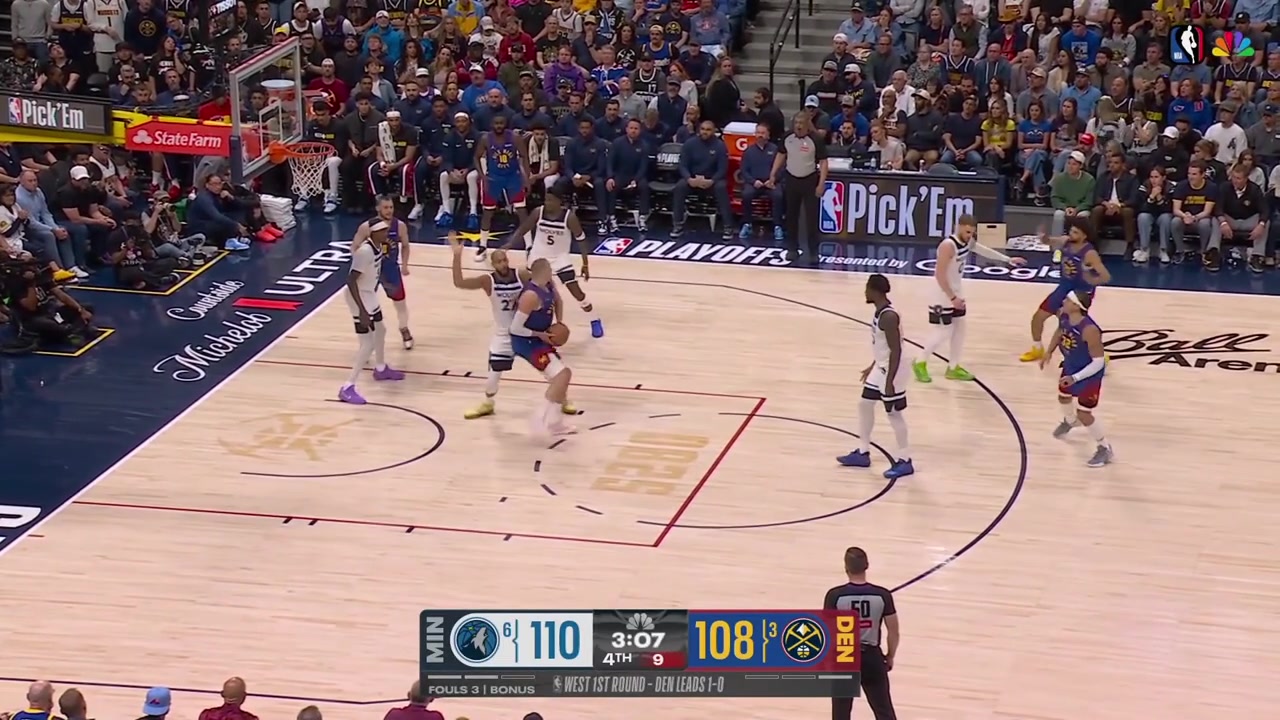 Rudy Gobert with great defense on Nikola Jokic and then Jokic draws the offensive foul on Gobert at the other end - 5th foul with less than 3 minutes remaining in regulation with a replay