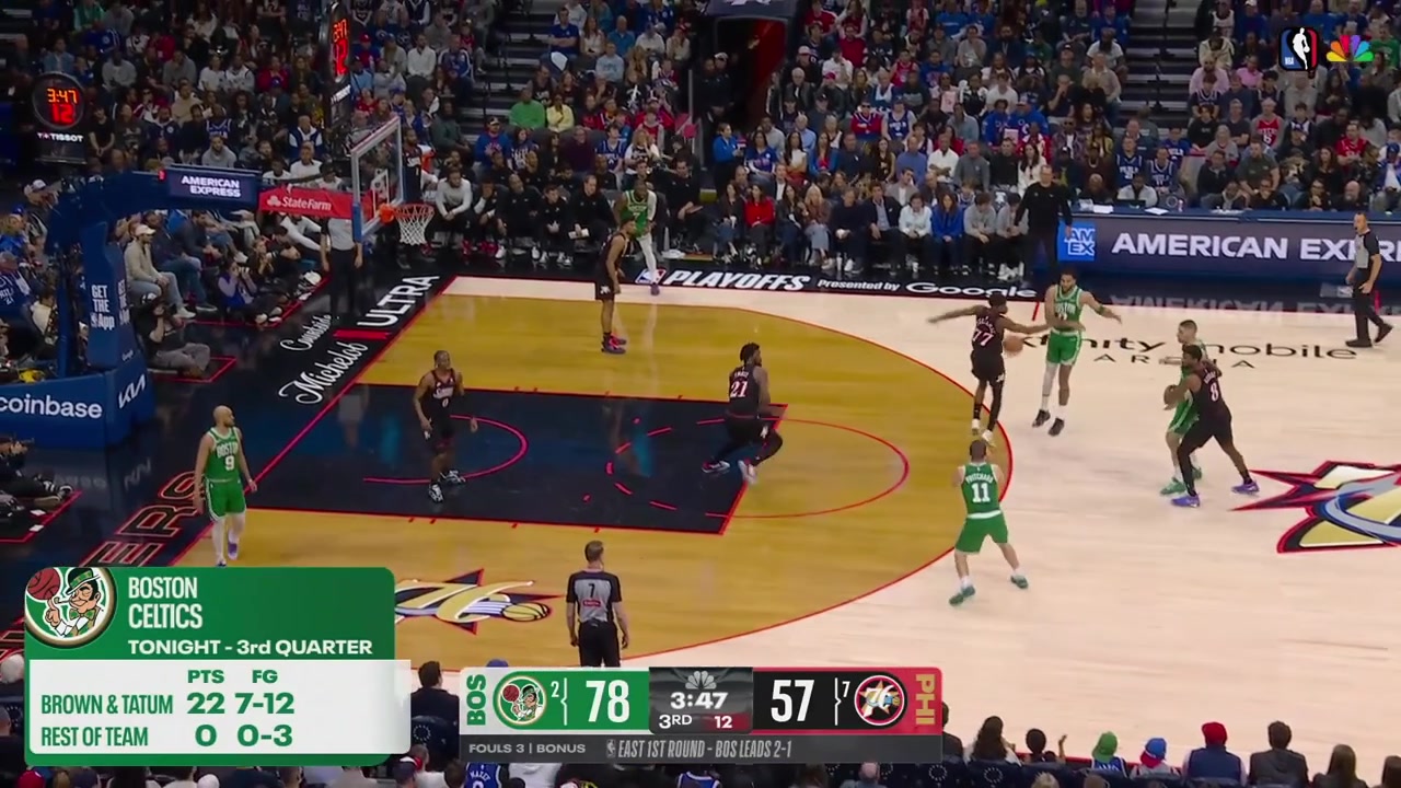 Payton Pritchard hits a 3-pointer over Joel Embiid and then hits another one over Tyrese MaxeyBack to back 3s for PP six threes