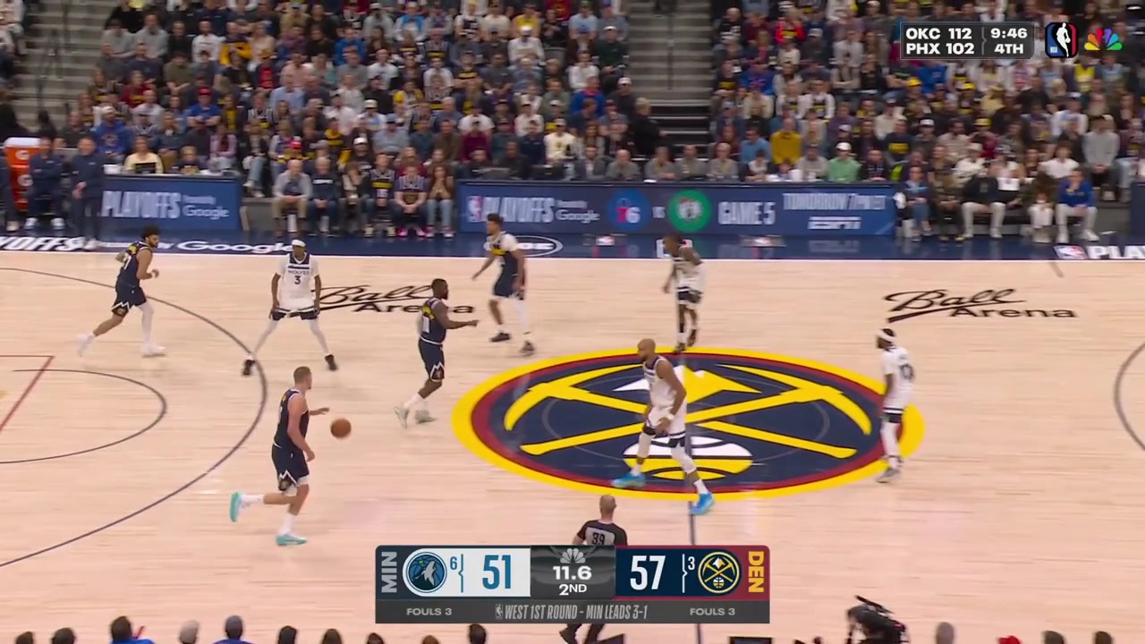 Nikola Jokic hits a deep 3 over Rudy Gobert at the end of the 1st half with a replay