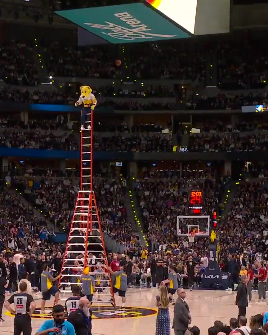 Denver Nuggets mascot Rocky hits an absolutely insane backwards halfcourt shot from atop two ladders