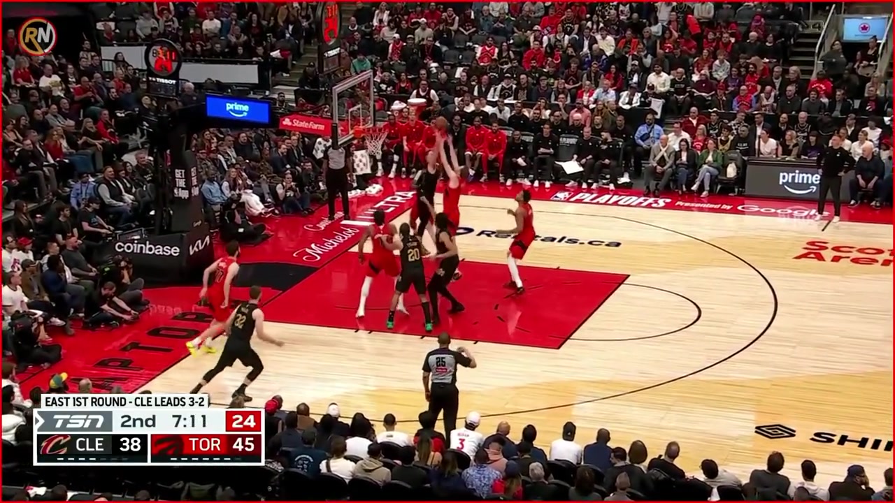 Scottie Barnes runs end to end shedding Harden with a spin and catching Allen in the full body poster with replays