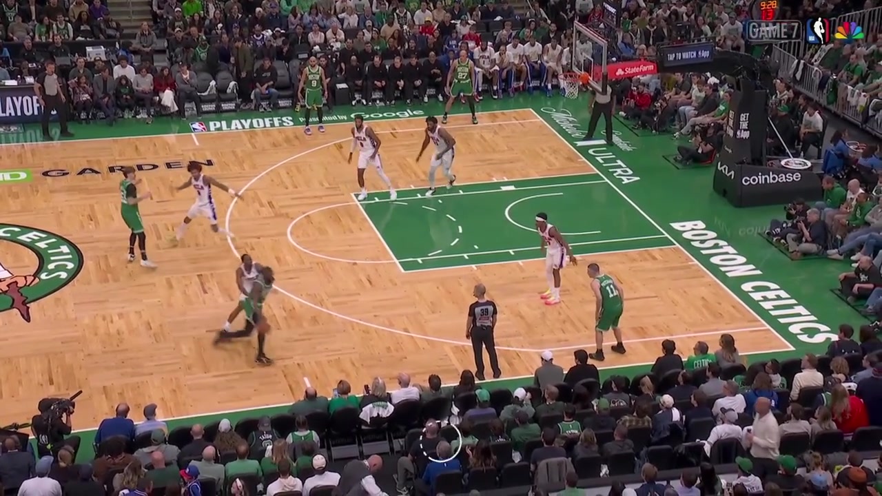 Jaylen Brown hunts Tyrese Maxey off the Celtics' timeout and scores the And-1 on him with replays