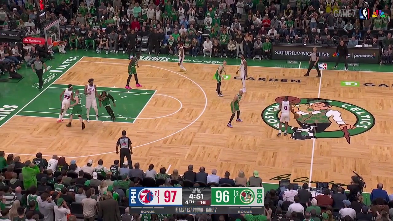 Jaylen Brown grabs Joel Embiid's jersey gets called for the foul and then sends himself to the floor Embiid got something to say to him with a replay
