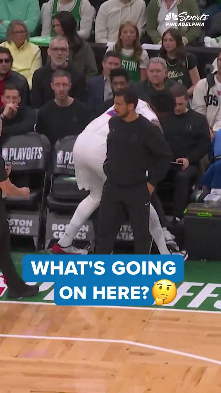 Moron sitting in a chair decides to steal the ball from the 76ers and embiid