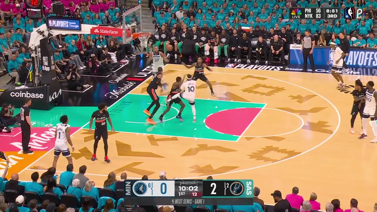 Rudy Gobert scores the tough And-1 lefty layup on Victor Wembanyama early in the game with a replay