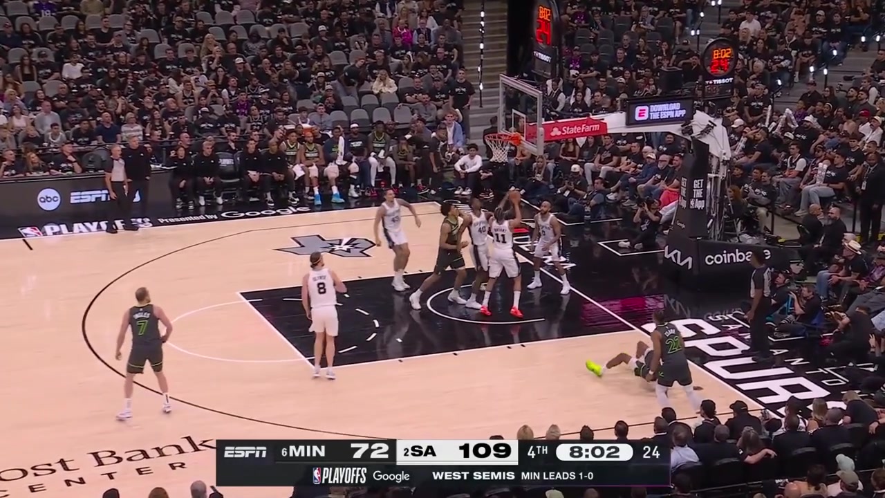 Lindy Waters III hits the corner 3 off a pass by Jordan McLaughlin who also scores the layup off a steal by Kelly OlynykThe camera also focuses on the faces on the Timberwolves' bench
