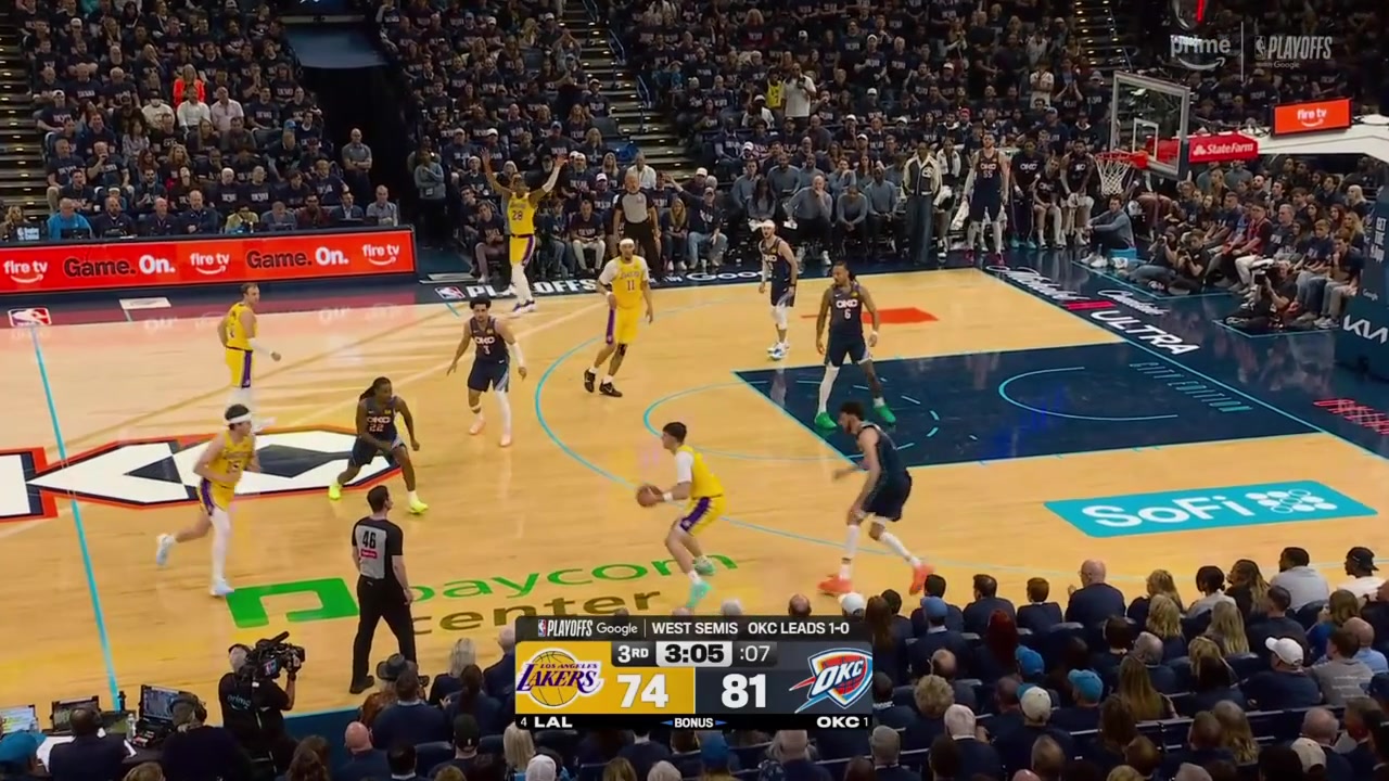 Chet Holmgren pulls the chair on Austin Reaves rips the ball away and starts the break ending with a Jaylin Williams four point play with replays