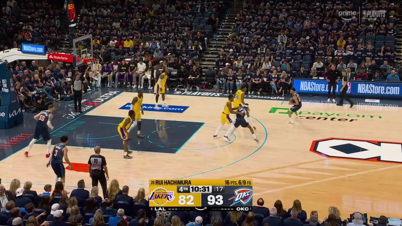 Lakers run a double at SGA to get him off of it the ball swings around and finds McCain who finishes with a reverse